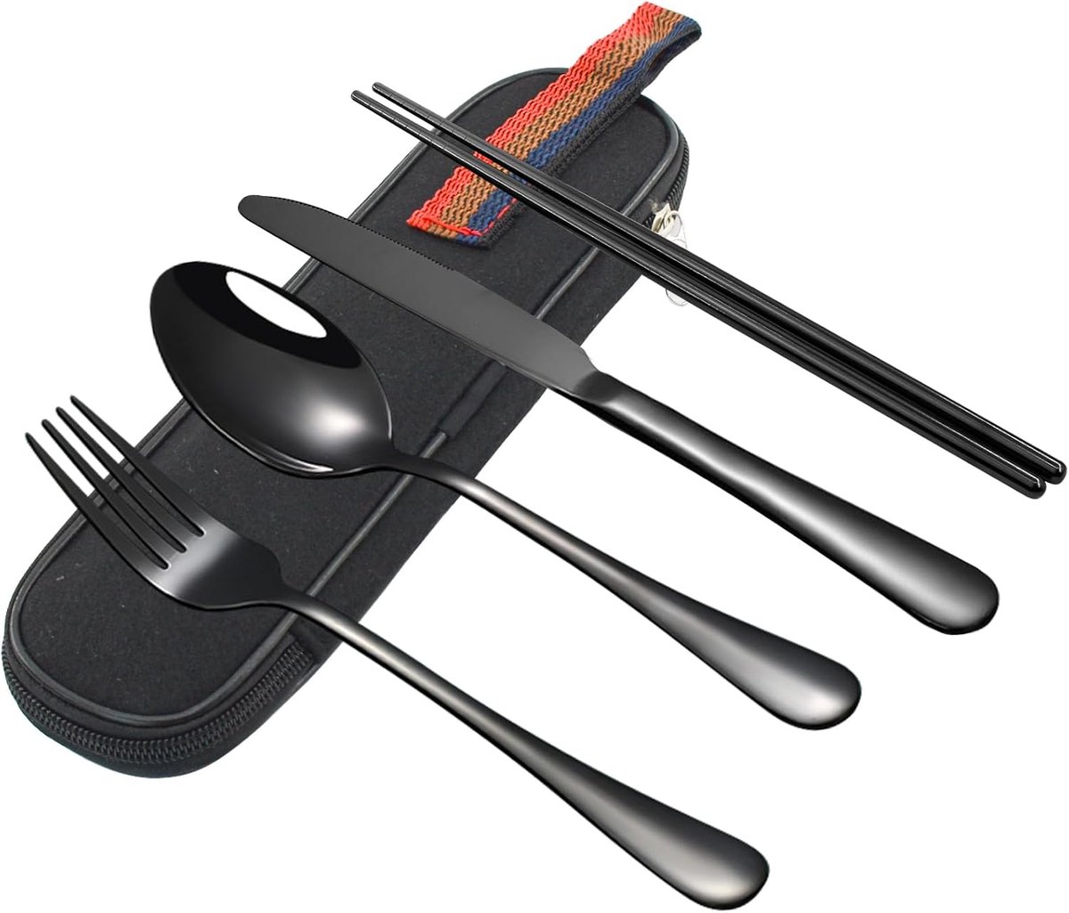 Draagbaar reisbestek, set met koffer, 4-delig, roestvrij staal, campingbestekset, herbruikbare bestekset voor werk, vork, lepel, mes, staafjes voor lunchbox, school, picknick, zwart