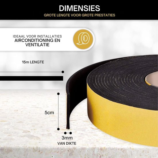 RUBBERTAPE 15MTS x 5CM x 3MM - AKOESTISCHE EN THERMISCHE ISOLATIE IDEAAL VOOR CAMER VAN CAMPING - VERWARMINGS- EN LUCHTSYSTEMEN (15MTS) — afbeelding 2