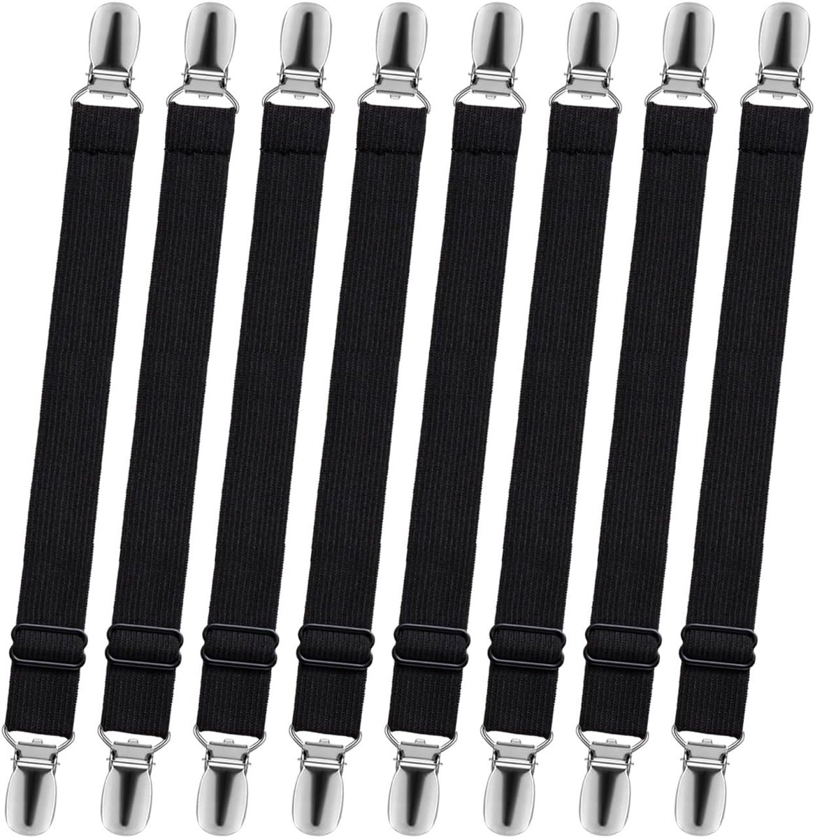 8 x bedlakenspanner, verstelbare bedlakenspanner met clip, bedlakenspanner, hoeslakenhouder, houder voor beddengoed, matras, strijkplank, bank (zwart)