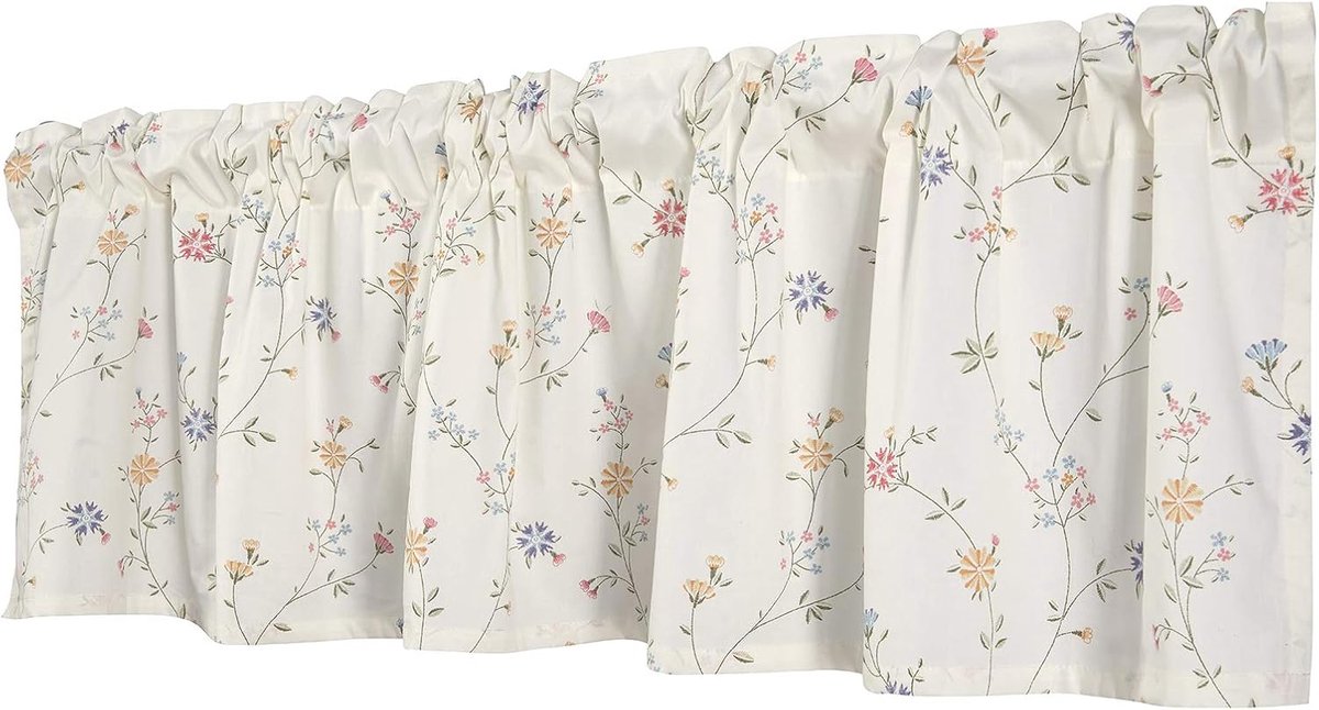 Vitrage, bistrogordijn, landhuis, kort, keuken, modern, korte gordijnen, keukengordijnen, stangdoorgang met bloemenpatroon, kleurrijk, 150 cm breed, klein raam, kort raam