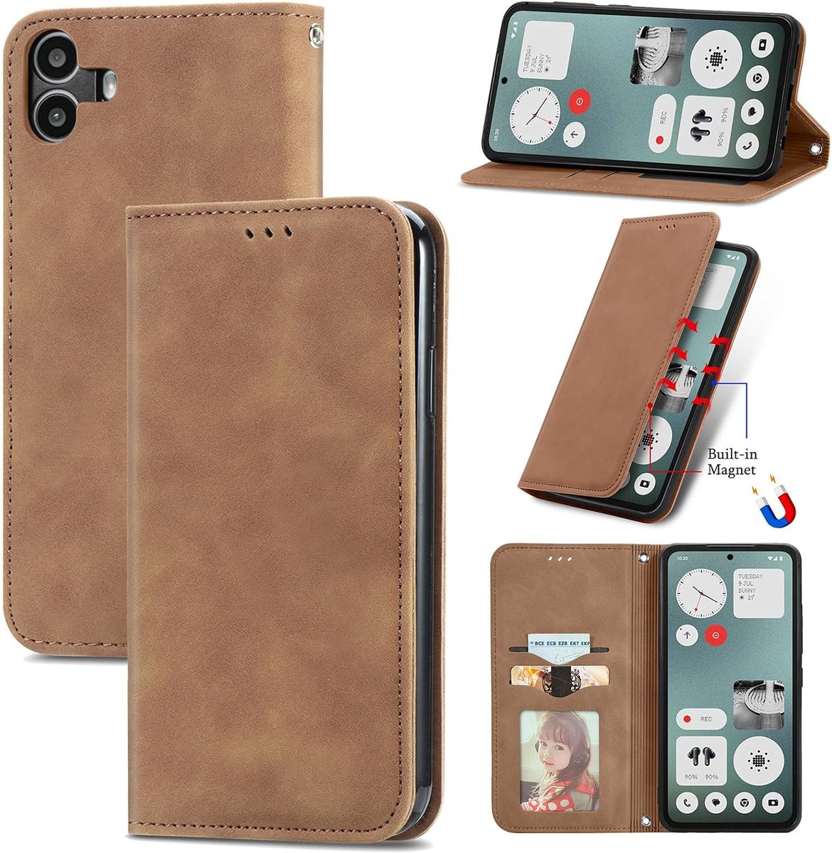 Case voor Nothing CMF Phone 1 hoesje, Premium Lederen Flip Wallet Case met Kaartenvakken en Horizontale Standfunctie Magneet Coque Cover Beschermhoesje voor Nothing CMF Phone 1, Bruin