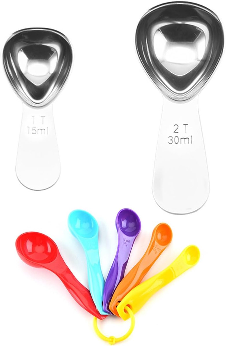 2 stuks koffielepels van roestvrij staal en 5 stuks kleurmaatlepels, weegschep, koffiemaatlepel, melkpoederlepel