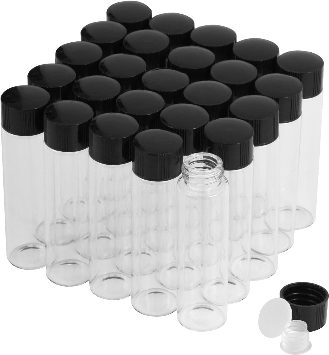 20 ml transparante glazen flesjes met schroefsluiting en kunststof stop, kleine glazen flessen, lekvrije glazen flesjes voor vloeistof, poeder, monsters en kleine voorwerpen, 25 stuks