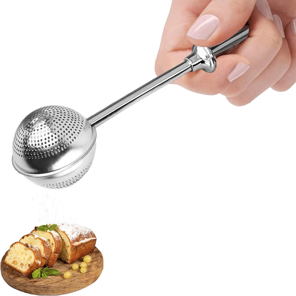 meelzeef voor de bakkerij, stofstaafjesdispenser met veerbediende handgreep, bediening met één hand, roestvrijstalen kruidenzeef, suiker, steeper, theekogels