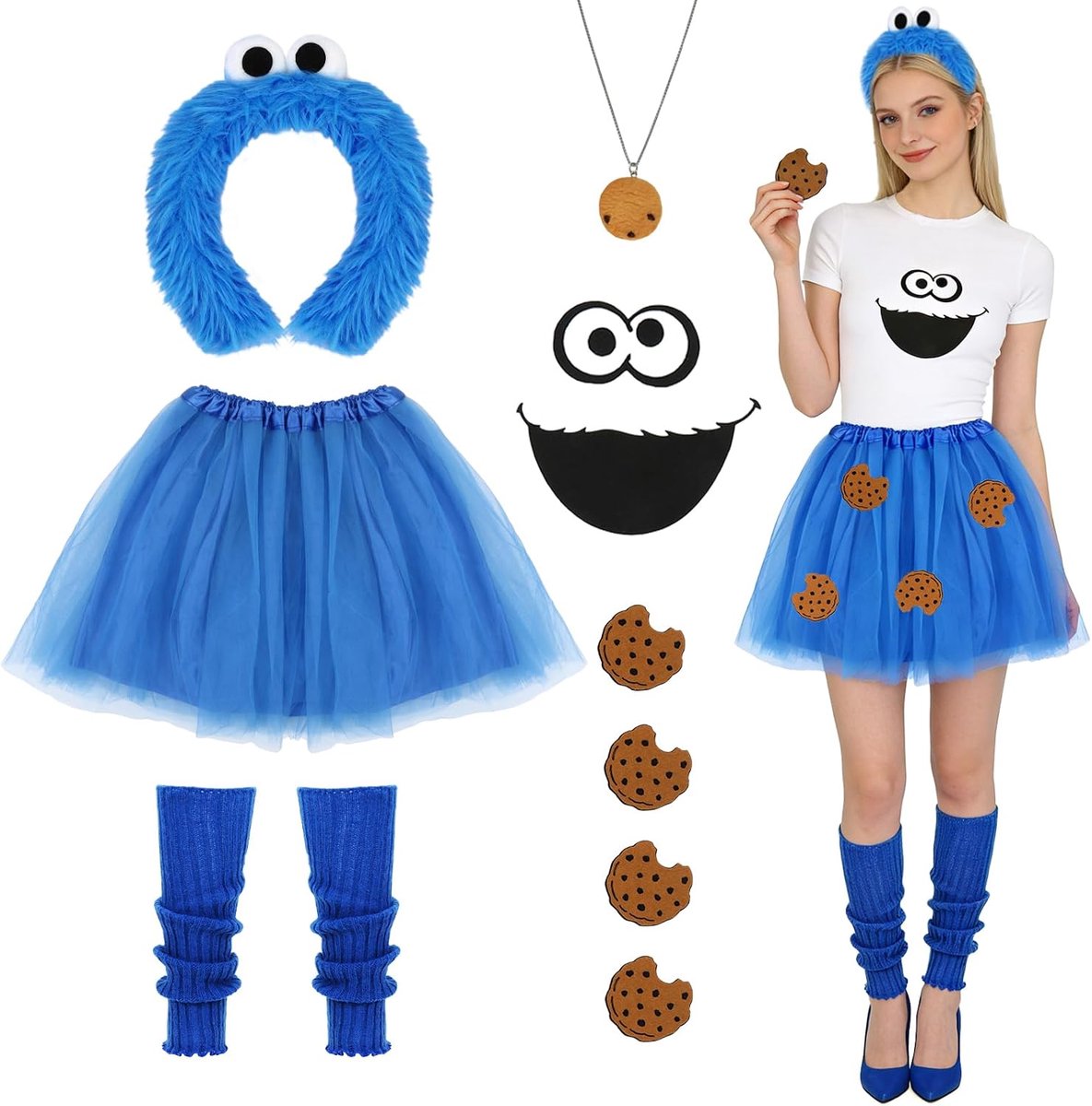 Kostuum monsterkoekjes, haarband monsterkoekjes, halsketting, cookie kostuum, accessoires, monsterkoekjes voor dames, carnaval, Halloween, party, cosplay kostuum
