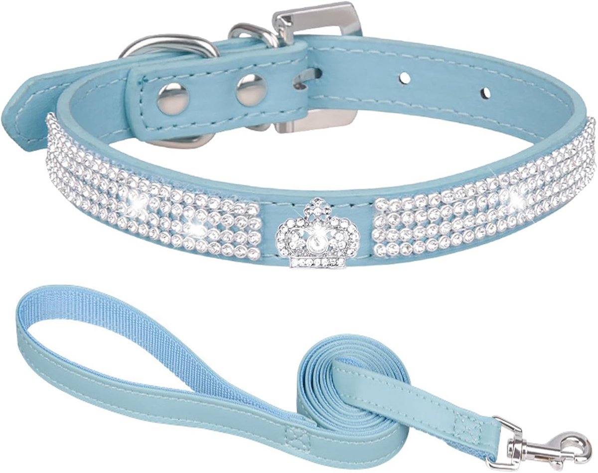 kleine maat, halsband met strassteentjes voor honden, halsband en riem, verstelbare hondenhalsband voor kleine, middelgrote en grote honden, kroon, blauw, S
