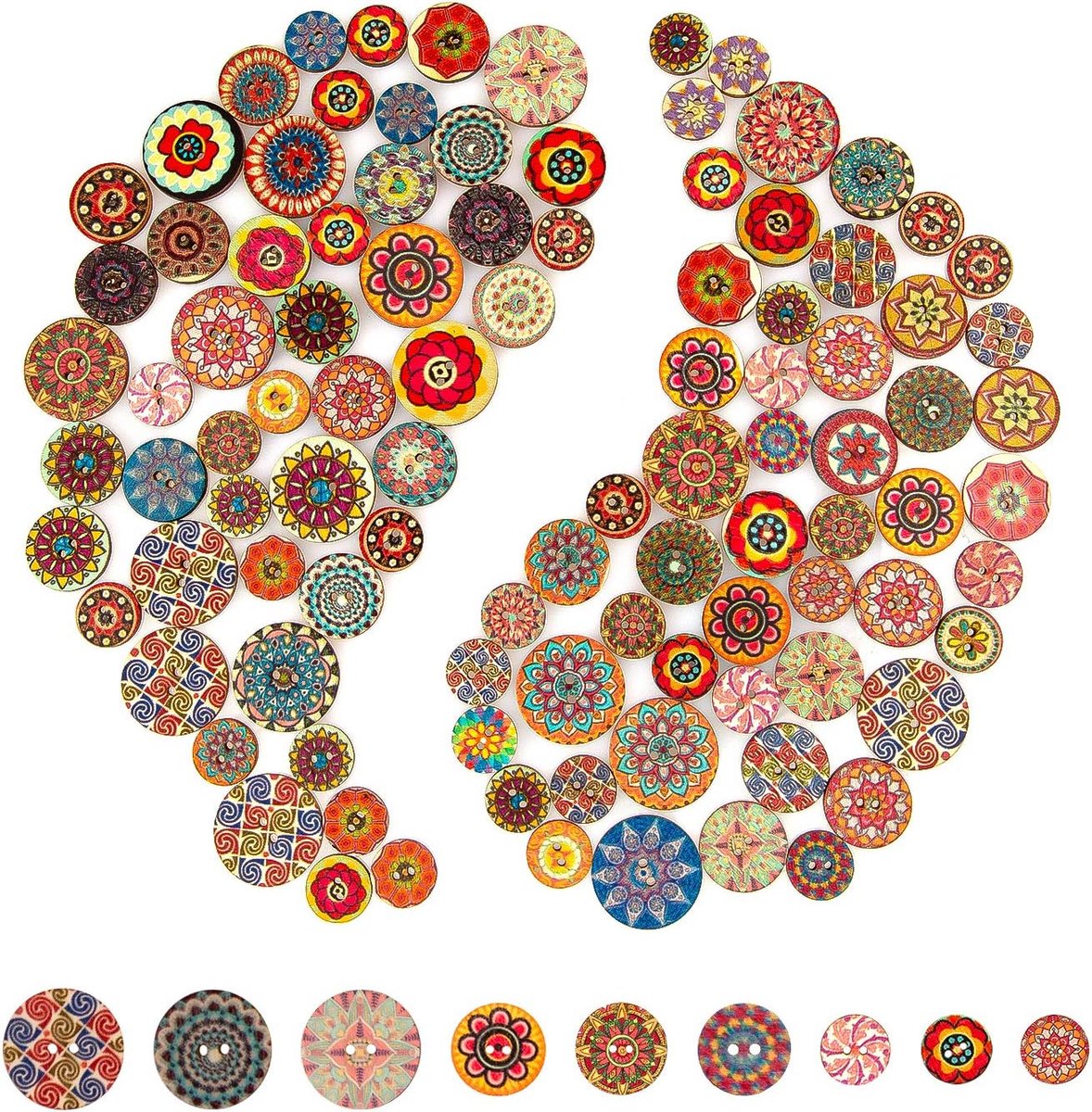 100 Stks Gemengde Willekeurige Bloem Schilderen Ronde Vormen Houten Retro Knopen Verschillende Kleuren voor Naaien Crafting DIY 15mm, 20mm, 25mm