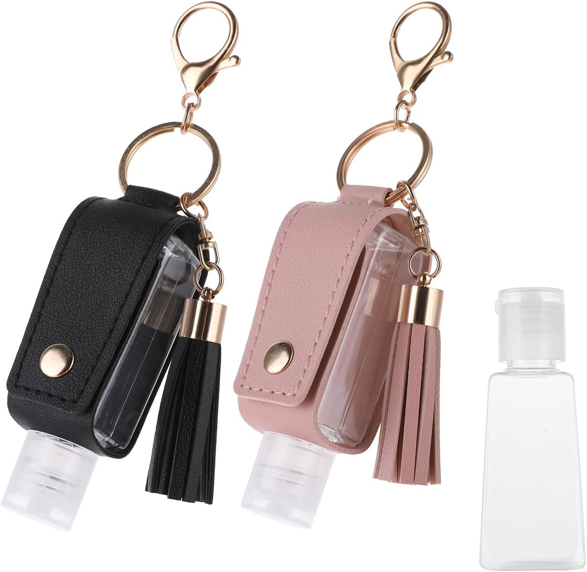 set van 2 sleutelhangers voor handdesinfectiemiddel, 30 ml, leer, waterdicht, lege navulbare flesjes voor lotion, vloeibare zeep, shampoo, Roze, zwart, S