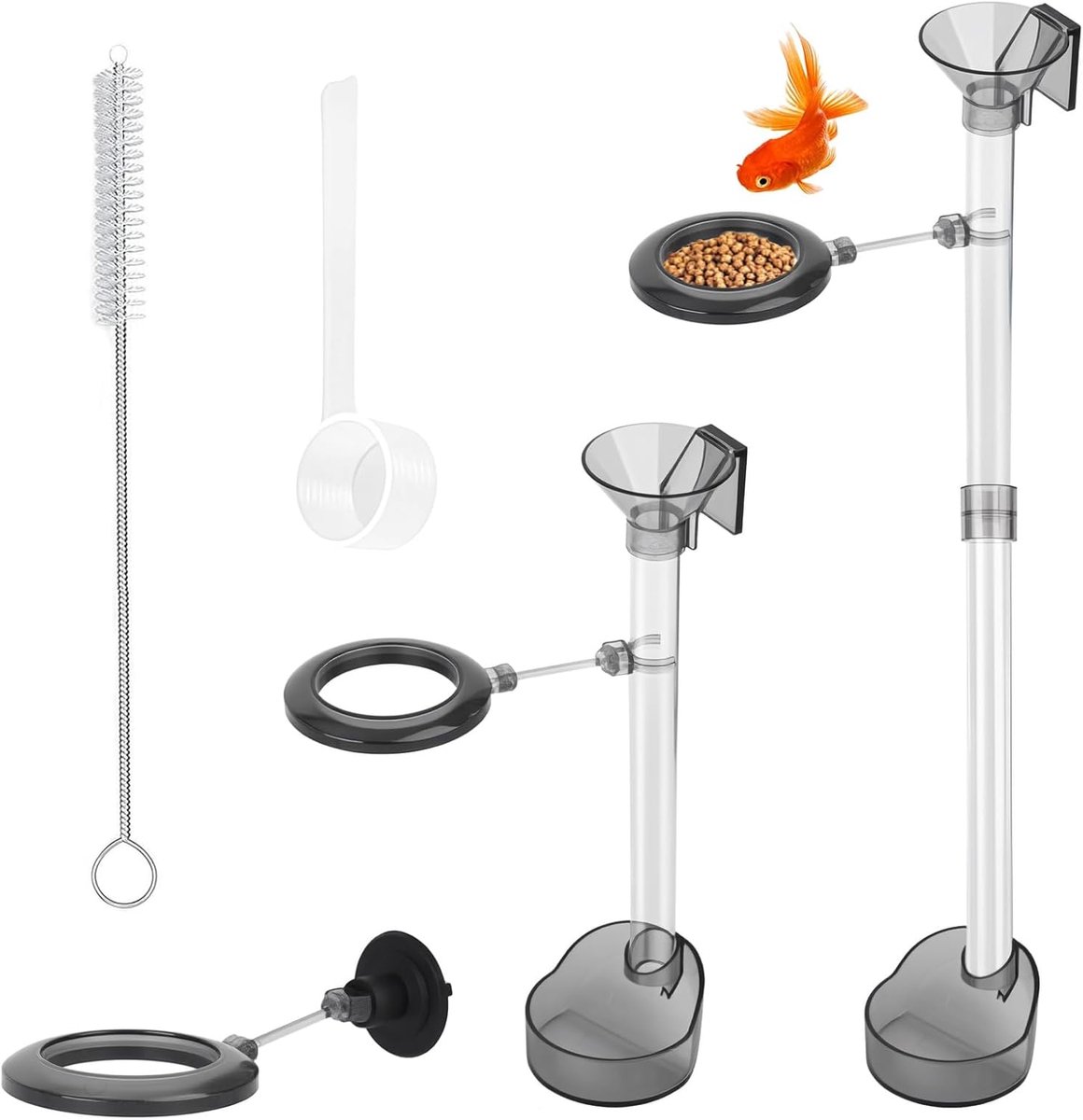 Voederring voor aquarium, aquariumaccessoires, acryl garnalen voederschaal met buis, verstelbare voederbakset met voederring en reinigingsborstel voor vissen, garnalen, krabben