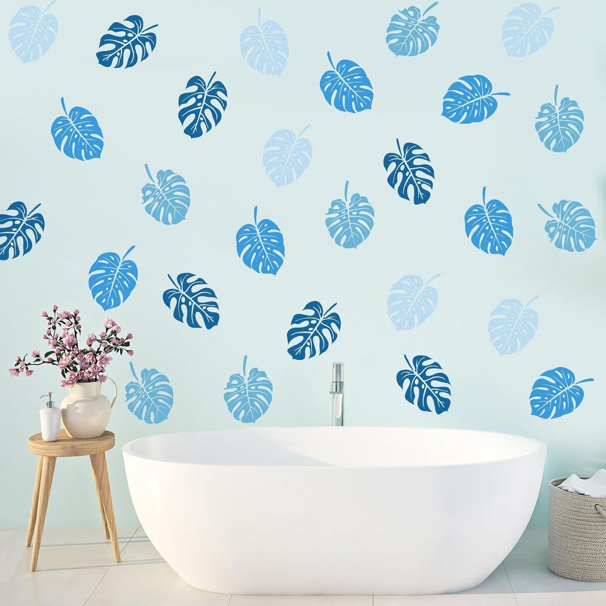 27 stuks wandstickers, blauwe bladeren, doe-het-zelf, muurstickers, monstera-bladeren, wanddecoratie voor slaapkamer, woonkamer