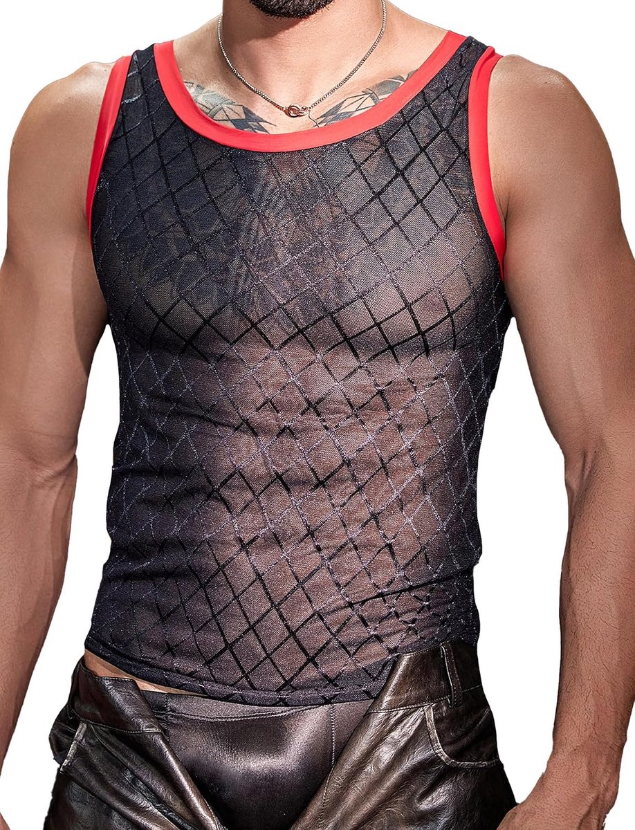 Transparant spiershirt voor heren, slim fit, net-tanktop, sexy onderhemd, clubwear voor party, nachtclub