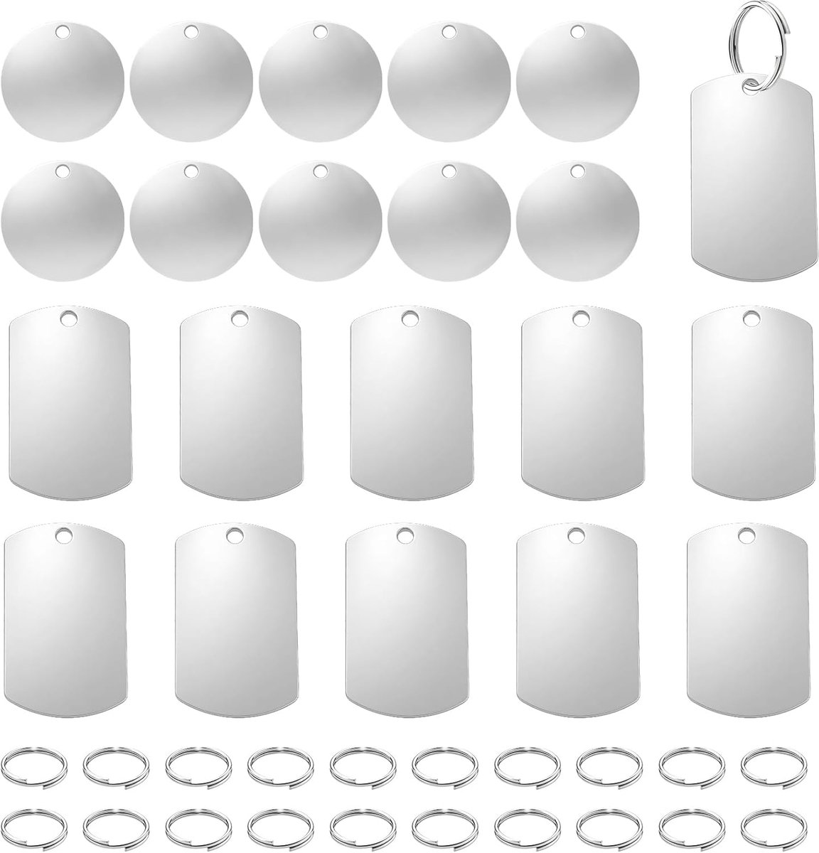 stalen hangers, blanco, 20 stuks onbewerkte hondenlabels, stansen, blanco, hondentags met 20 sleutelringen voor doe-het-zelf halskettingen, huisdierkaarten (10 ronden + 10 rechthoekig)