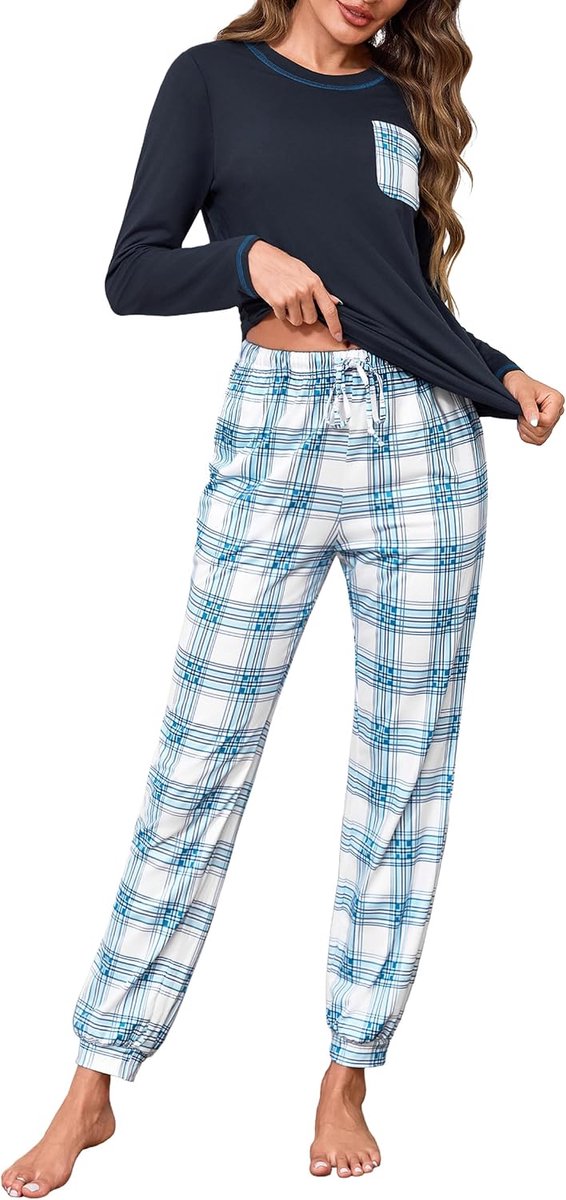 Pyjama voor dames, lang, van katoen, behaaglijk, tweedelig met ronde hals, perfect voor herfst en winter, groen, S