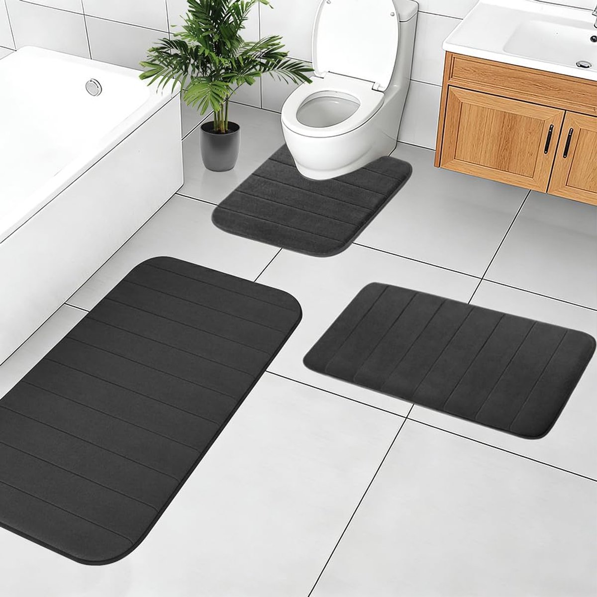 Badkamertapijten, 3-delig, antislip en absorberend, wasbaar, zacht en sneldrogend, badmat voor douche, toilet en badkuip (zwart)