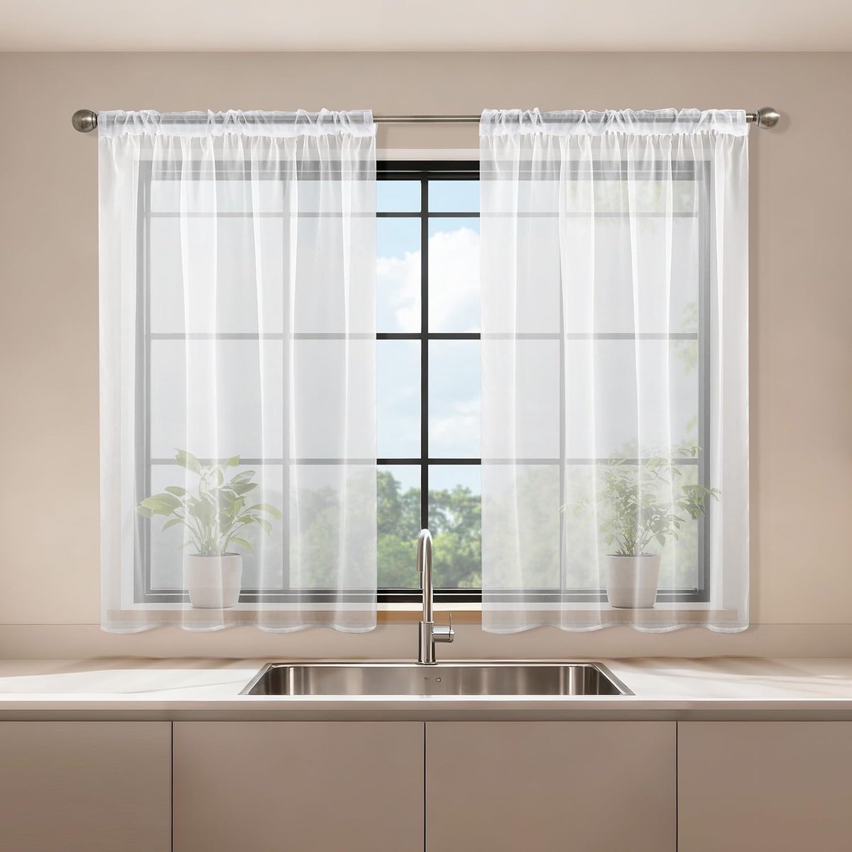 Gordijnen met plooiband 2-delige set, voile schuifgordijnen 120 x 90 (HxB), transparante gordijn, gordijn wit, gordijnen voor woonkamer slaapkamer Sheer Curtain