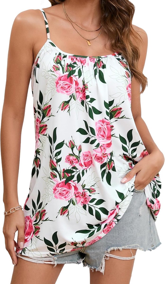 Tanktop voor dames, zomer, mouwloos, elegant, tanktops, dunne bandjes, verstelbaar, casual, losse blouses met ronde hals