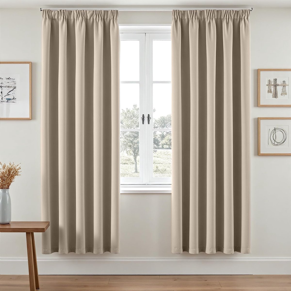 Gordijnen met plooiband, ondoorzichtig, H 200 x B 140 cm, set van 2 raamdecoratie, verduisteringsgordijnen, slaapkamer, woonkamer, modern, overgordijnen, gordijnen met inslagringen, beige