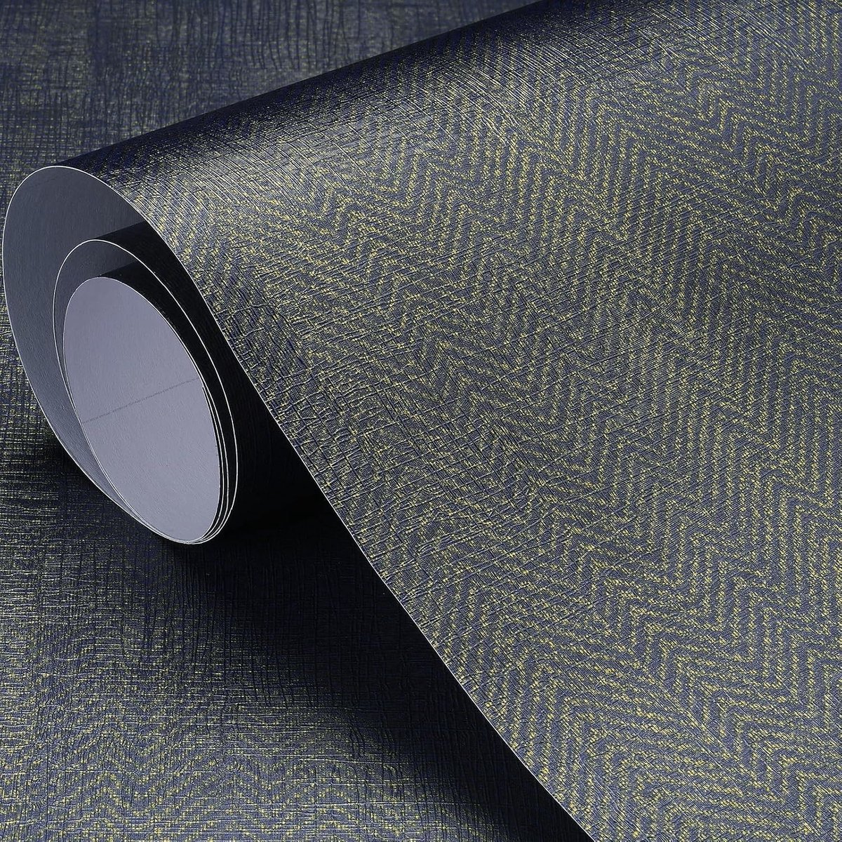 Behang in linnenlook met goud zelfklevend behang muur 40 cm x 200 cm vinyl behang blauw vintage wandbehang woonkamer waterdichte folie voor meubels, kasten slaapkamer