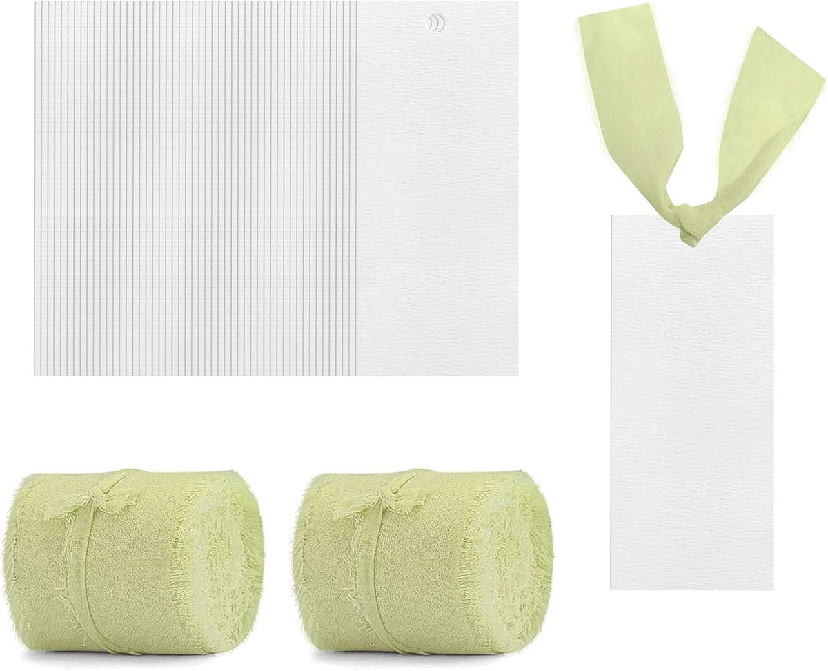 50 stuks naamplaatskaarten voor tafelinstelling, blanco bruiloftsnaamkaarten met 2 rollen chiffonlint, gereserveerde zitborden, cadeaulabels voor etentjes, voedselbuffet, groen
