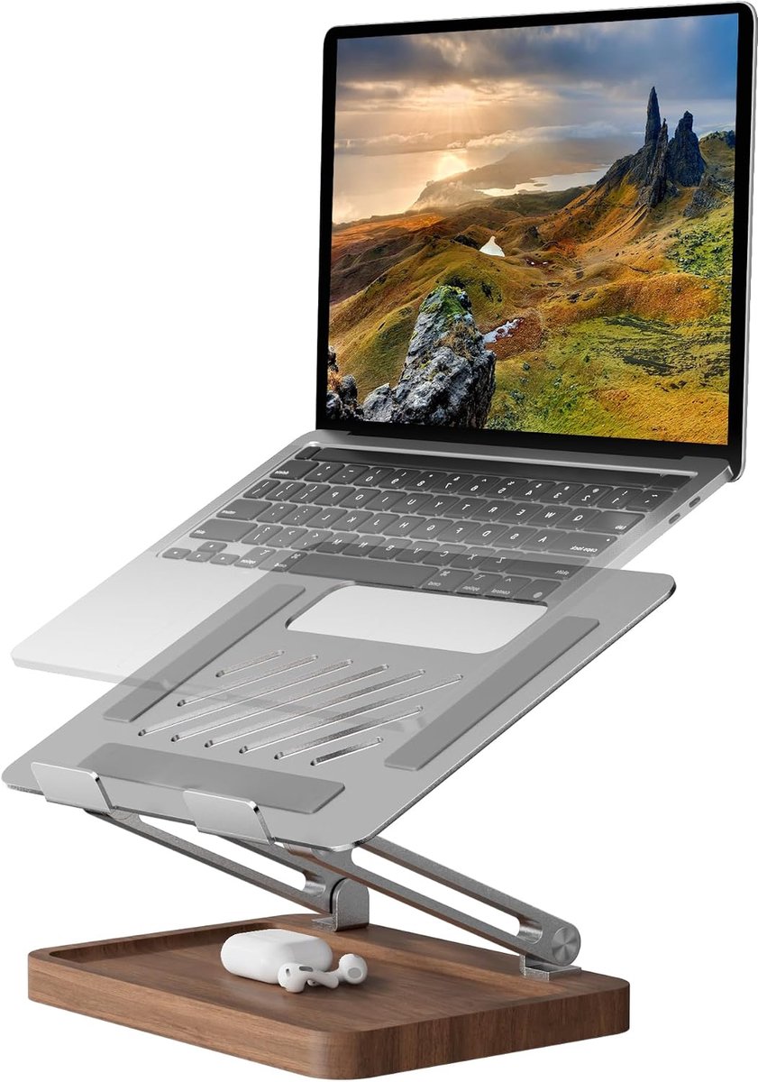 muso wood Laptopstandaard voor bureau, laptopverhoger met walnootopbergbasis, verstelbare laptopstandaard, ergonomische houten geventileerde laptopstandaard voor 10 tot 17,3 inch notebook pc computer