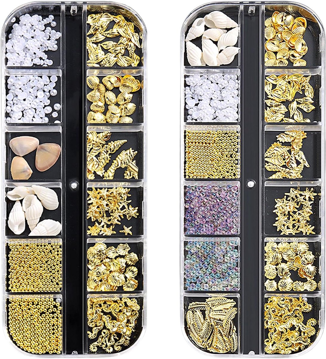 schelp nagelkunst bedels, gouden strand oceanieën nagelsieraden, oceaanthema nagel steentjes voor vrouwen acryl nagel oceaan (goud + wit C)