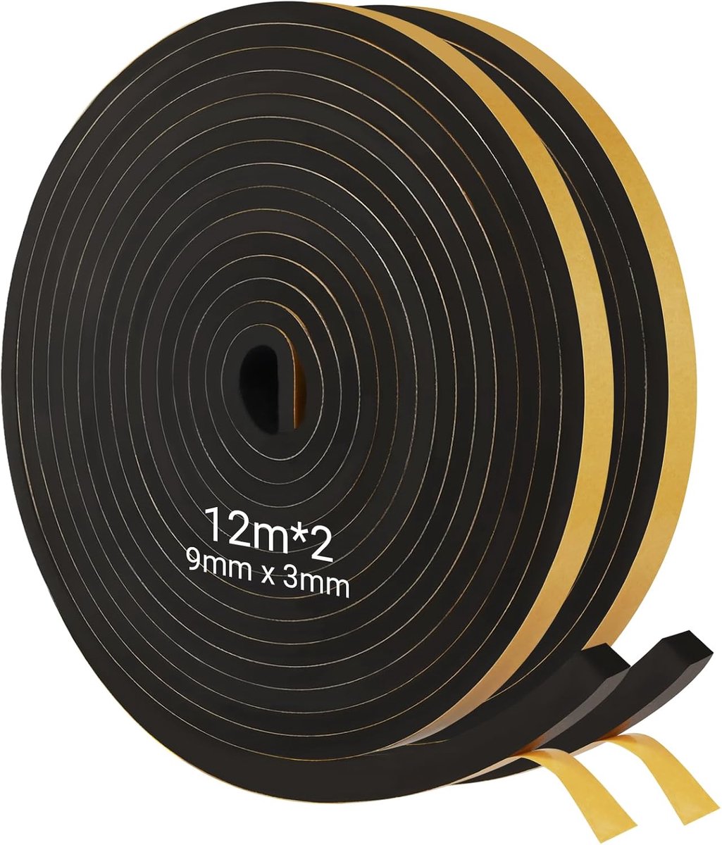 2 rollen 12 m zelfklevende afdichtingstape Zwart schuimrubber kleefband, zelfklevende mosrubber 9mm x 3mm schuimafdichting zelfklevend voor oude deuren de voordeur raamafdichting