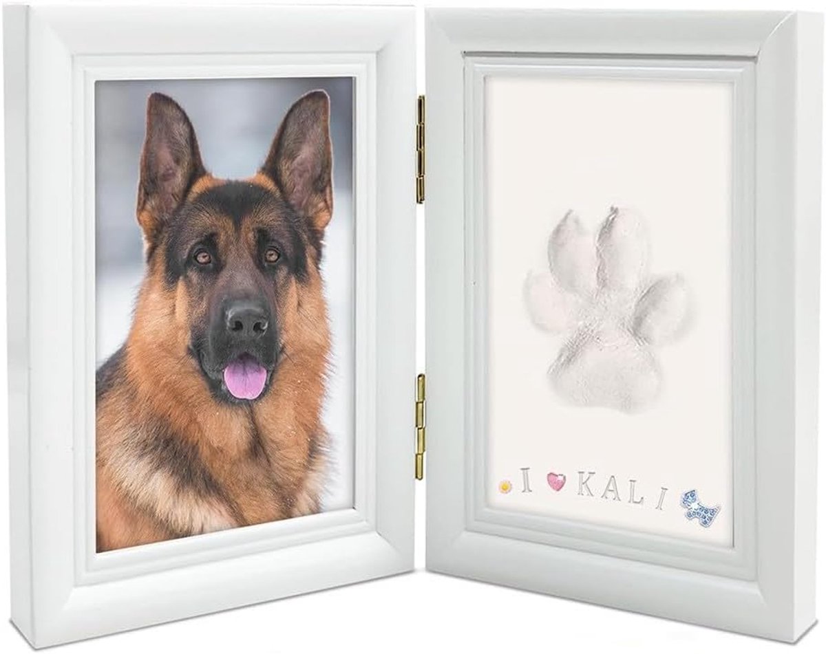 Fotolijst voor huisdieren, fotolijst voor hond of kat met pootafdruk van hond of kat, herinneringsframe voor huisdieren, honden, katten, pootafdruk, wit