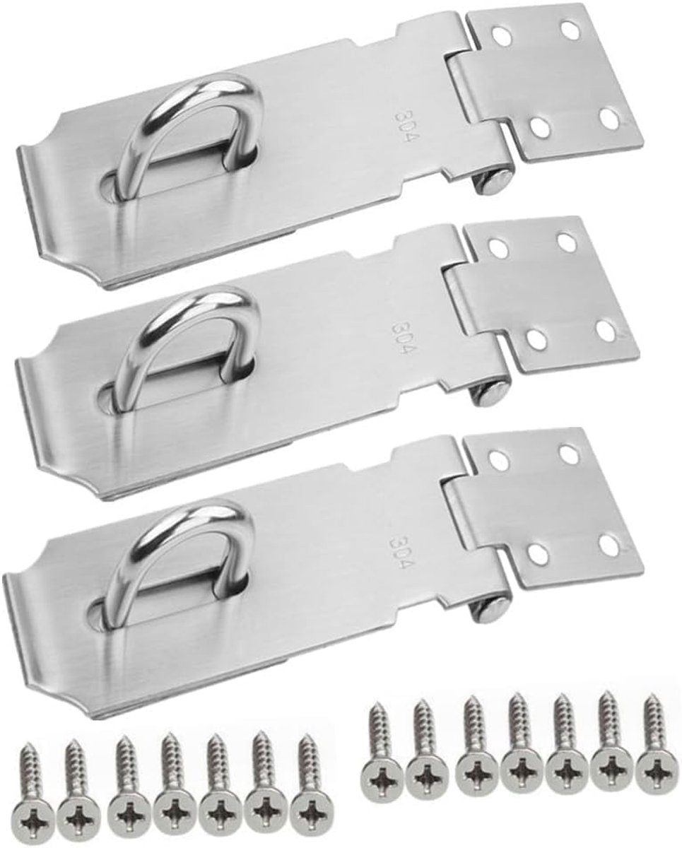 haaspe, 3 stuks roestvrijstalen slotgrendel, overvalslot, veiligheidsoverval met schroeven, hangslot, grendel voor hangslot, kasten, poorten, 10 cm (zilver)