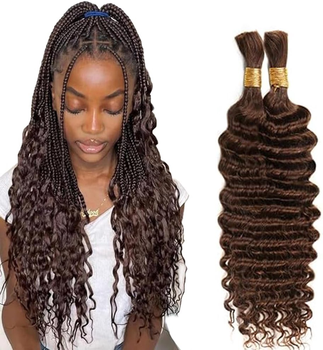 Wave Bulk Human Braiding Hair for Boho Braids Knotless Braids Total 100g 2 Bundles 32 32 Inch Human Hair Extension Unprocessed No Weft #4 Chocolate Brown for Women