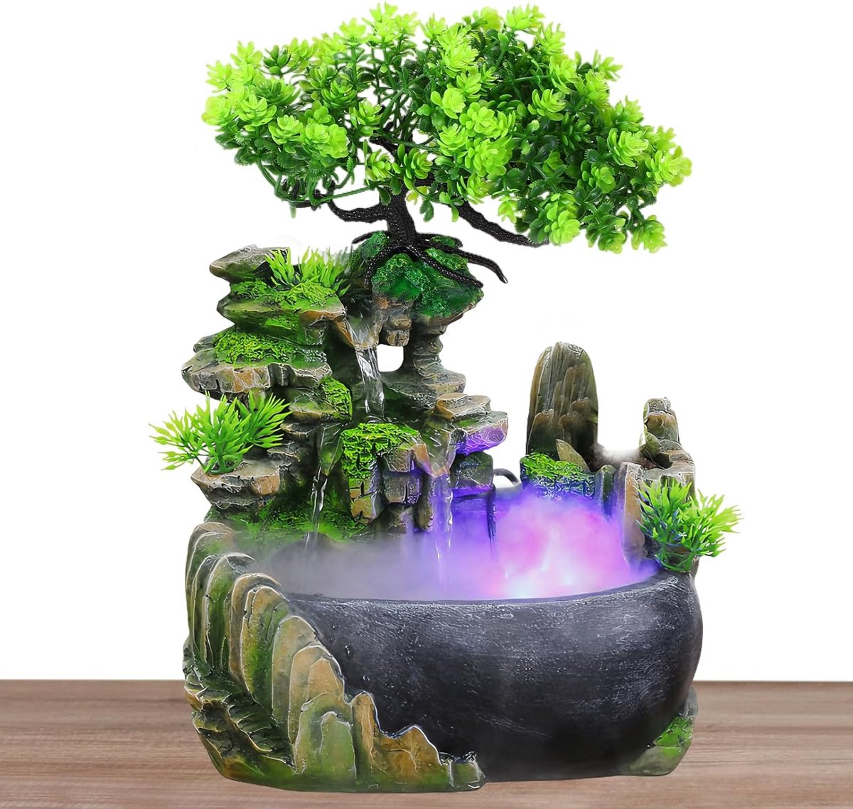 waterval, groene plantenfontein met kleurverandering, ledverlichting en verstuiver, kleine kamerfontein voor kamers, woonruimtes en kantoren, reinigt de lucht (20 x 15 x 28 cm)
