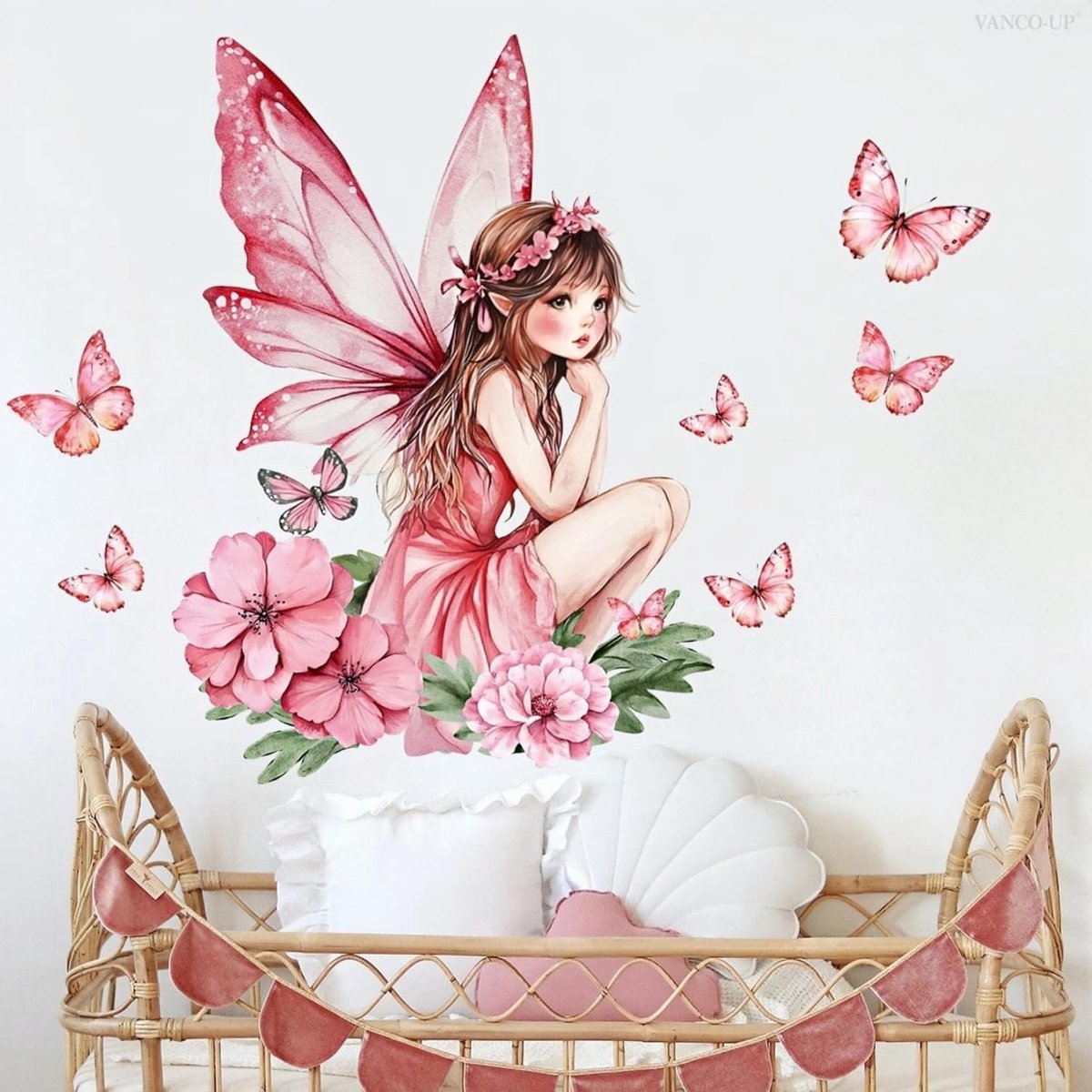 Muursticker met bloemen en feeën voor de kinderkamer, roze bloemen met vlinders voor kinderkamer, speelkamer