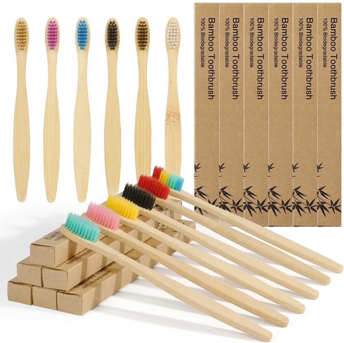 Bamboe Tandenborstels voor Volwassenen en Kinderen, Familie 12-delig Eco Vriendelijk Natuurlijk Houten Tandenborstel, Biologisch Biologisch Afbreekbaar Handvat BPA-vrij Tandenborstels met