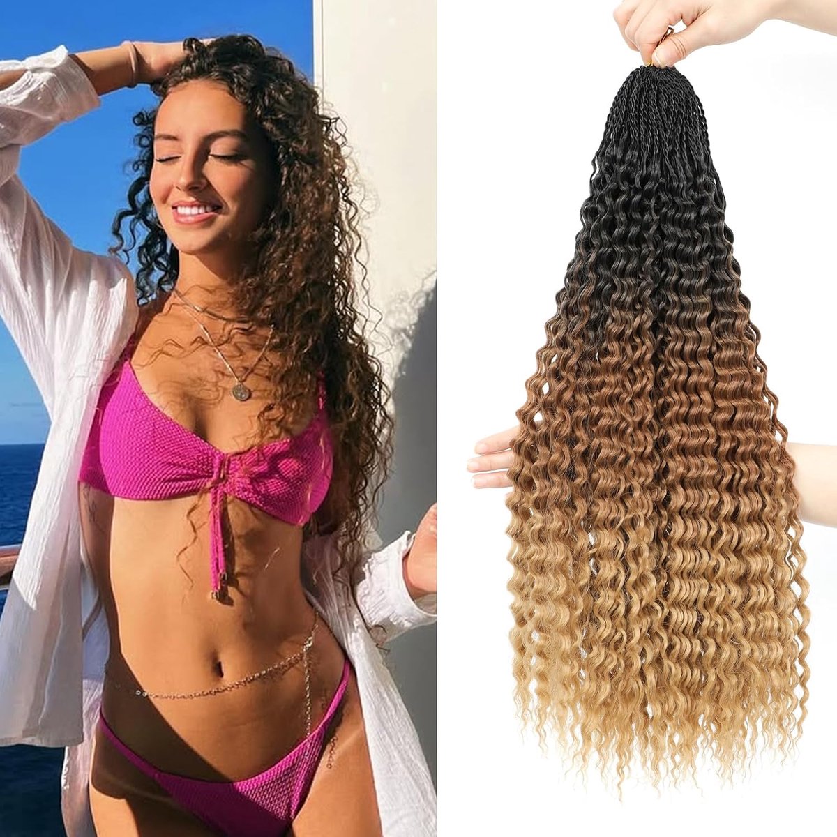 Looped Micro Krullend Gehaakte Haar 8 Packs Braziliaanse Afro Kinky Gehaakte Haarextensies Zwarte Vlechten Hair Extensions Diepe Golf Synthetische (1B/30/27, 22 Inch (Pack of 8))