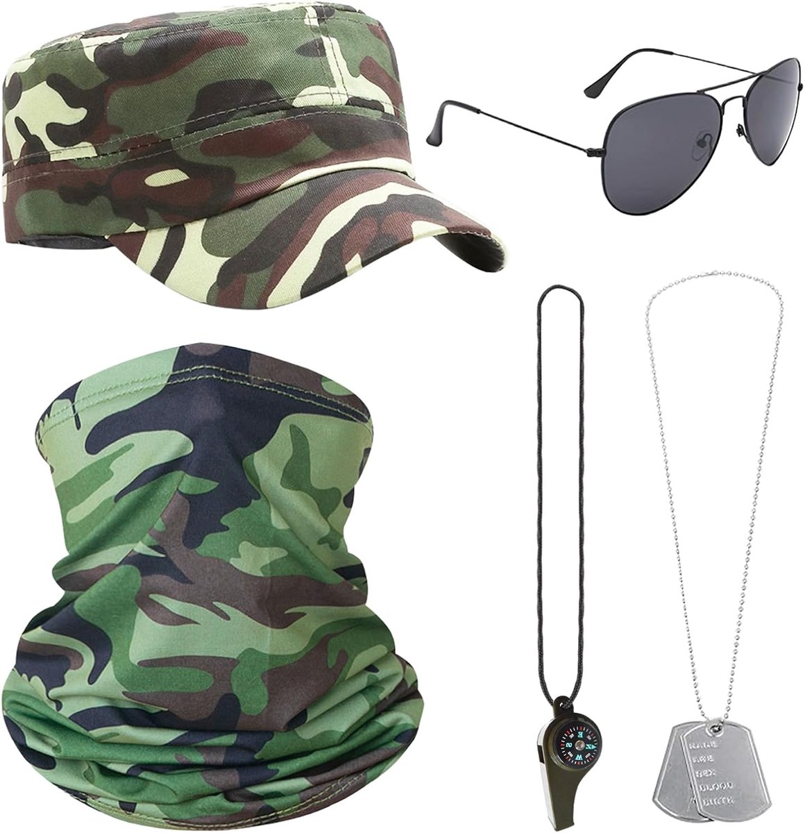 5-delige legerkostuumset, solide militair kostuum, accessoires voor carnaval, camouflagehoed, zonnebril, identiteitsplaatje, voor cosplay, Halloween, feestkostuum, verkleedpartij