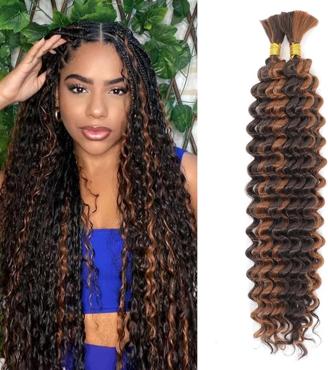 Wave Bulk haar om te vlechten, 55,9 cm, zonder inslag, diepe golvende bundel, krullende vlechtextensies voor boho-vlechten, 2 vlechten per verpakking (P4/30#, 1 verpakking)