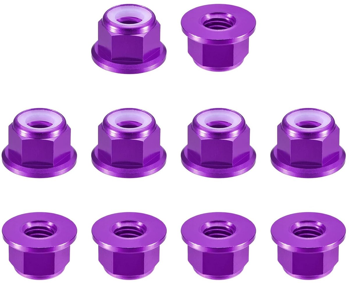 Zeskantmoeren met nylon inzetstukken, 10 stuks - M8 x 1,25 mm, zelfborgende moer van aluminiumlegering, geanodiseerde flensmoeren voor bevestigingselementen (paars)