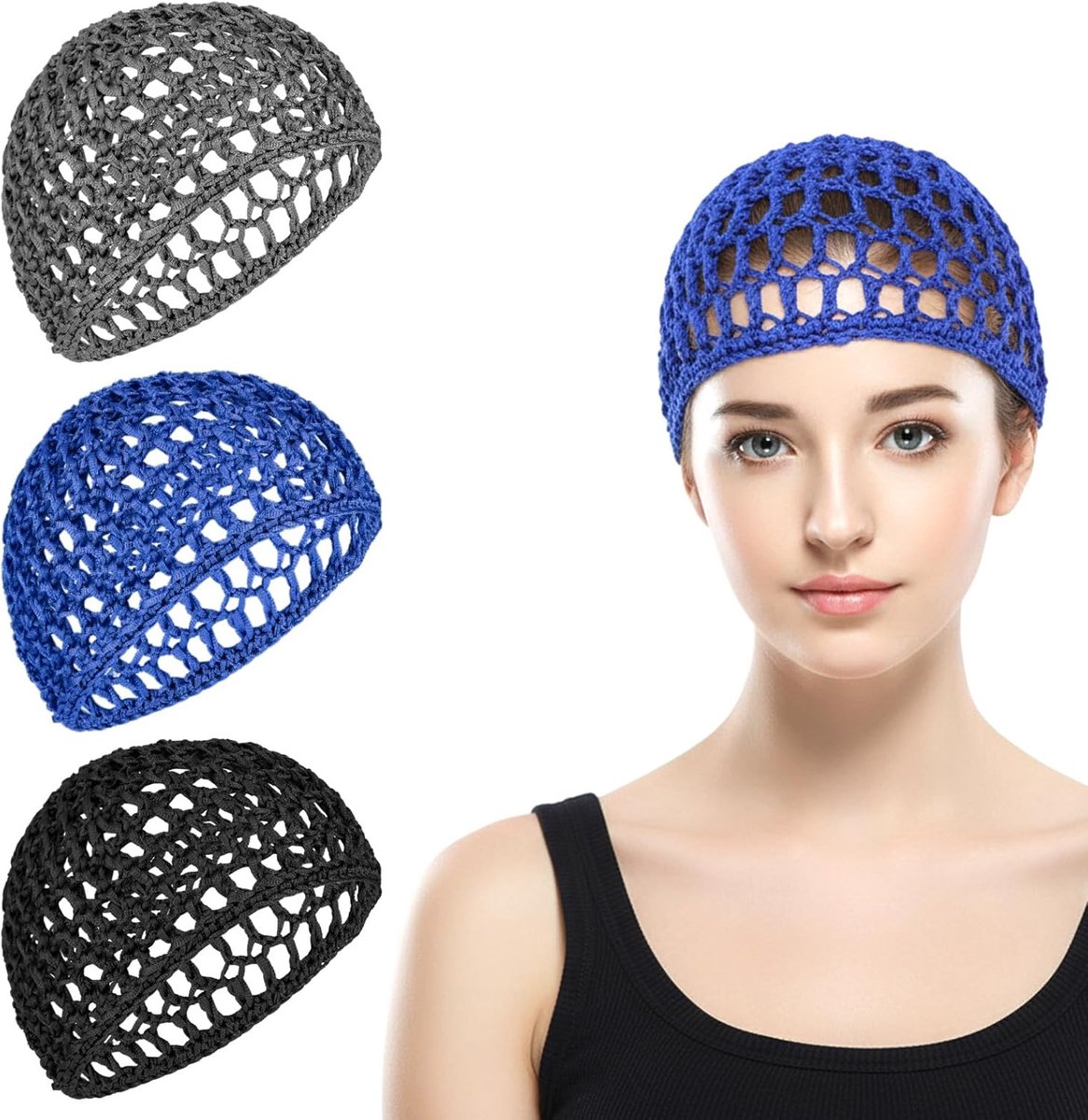 3 stuks haarnet om te slapen, haarnet, slaapmuts, gebreide zachte slaapmuts, gehaakte slaapmutsen, net, douchemuts voor dames, ademende nachtmuts, haarnetten voor krulverzorging, baden