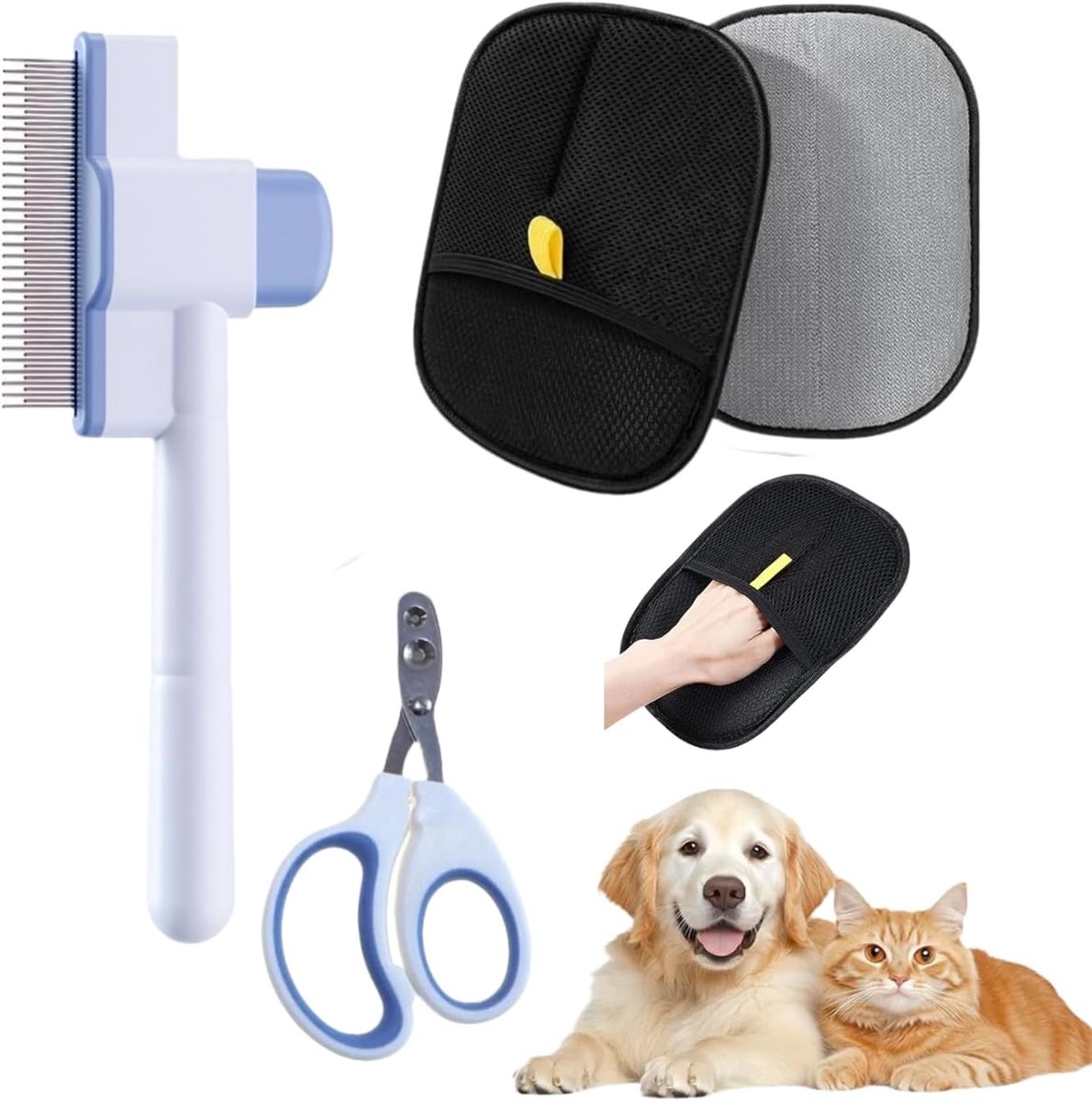 Huisdierverzorgingsset: 1 kattenkam + 2 paar dubbelzijdige handschoenen + 1 universele nagelschaar - vlooienkam, roestvrij stalen strippers, anti-verlies handschoenen voor katten