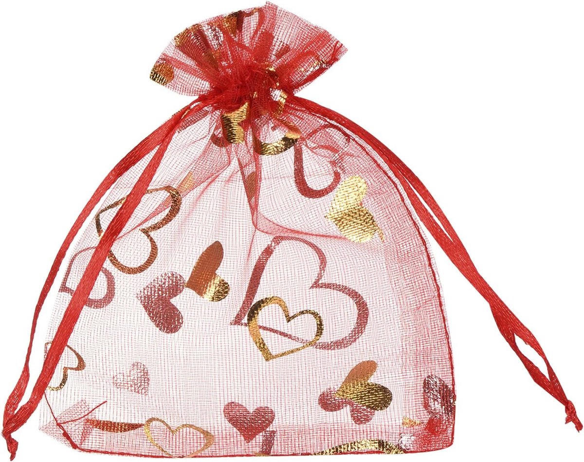Organzazakjes, 100 stuks, 10 x 12 cm, cadeauzakjes, sieradenzakjes, hartpatroon, mesh-zakjes met trekkoord, organzazakjes voor bruiloft, feest, Kerstmis, snoep, rood-goud
