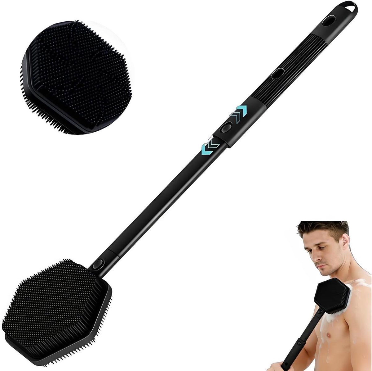 rugborstel, douche, dubbelzijdige doucheborstel, rug in 3 lengtes verstelbaar (36/44/53 cm), lichaamsborstel, siliconen body scrubber voor het douchen, reinigen van rug en peeling