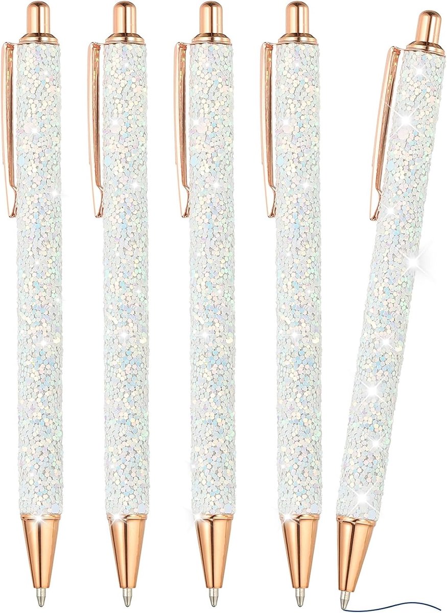 Glitterbalpen, 5 stuks sprankelende fancy glitterpen intrekbare pers metalen journaling schrijfpen zwarte inkt voor vrouwen meisjes kantoor verjaardag, wit