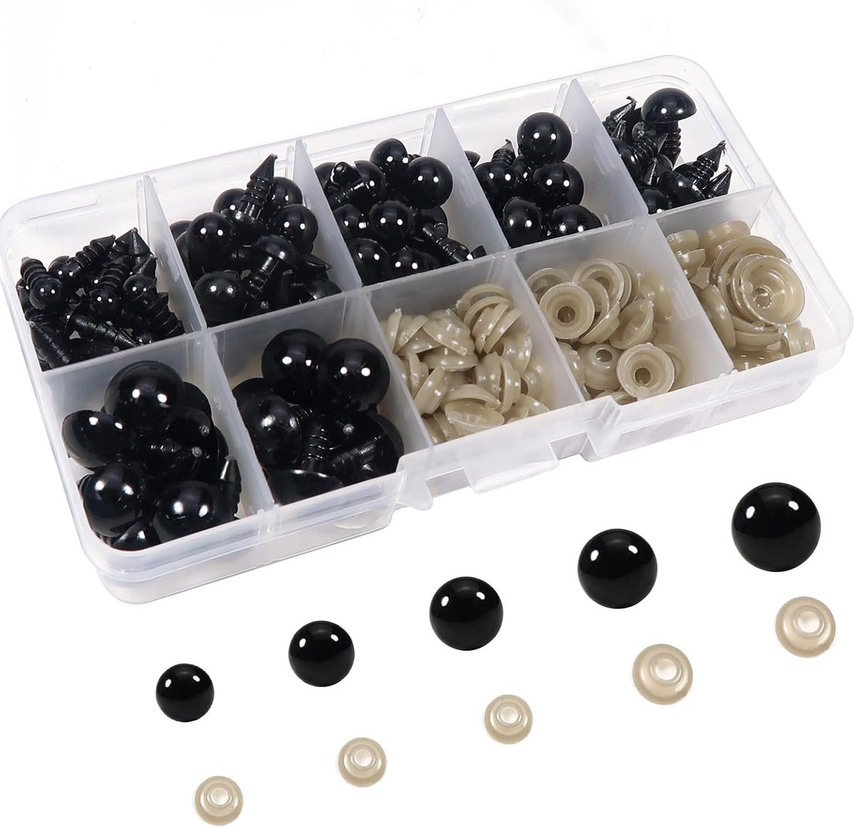 Ogen met Sluitringen 6 tot 12 mm Zwarte Ronde Kunststof Poppenogen voor Marionet Pluche Dier Handwerk | 6 mm tot 12 mm, kunststof zwarte knoopogen, voor poppen, pluche dieren, teddyogen, knutselen, solide en duurzaam