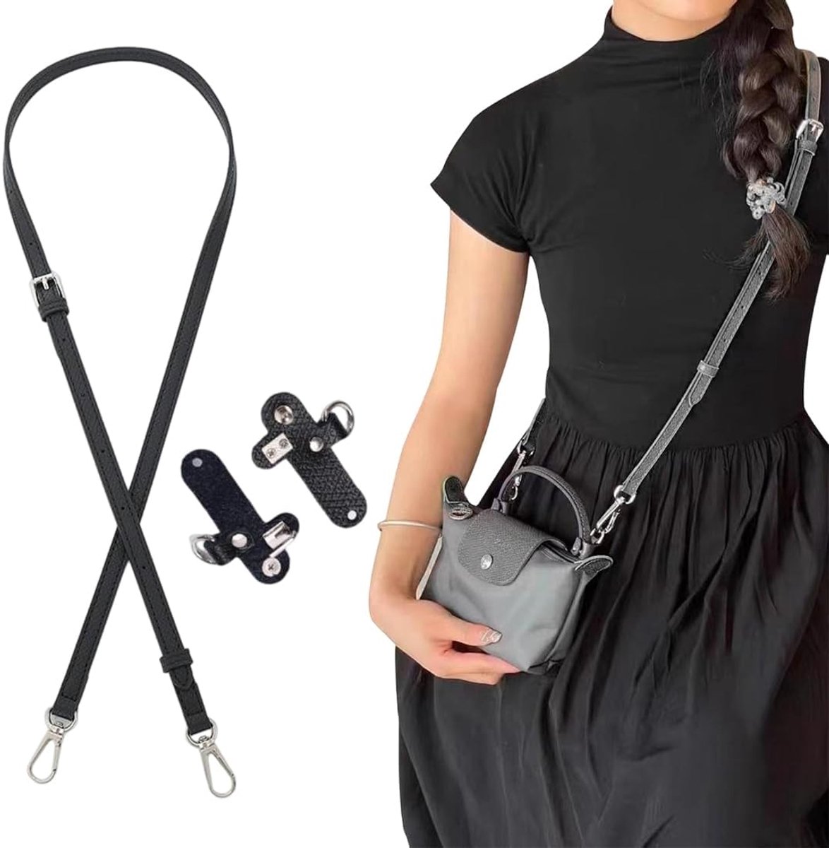 leren riem voor Longchamp Mini, dames, zonder boren, zwart