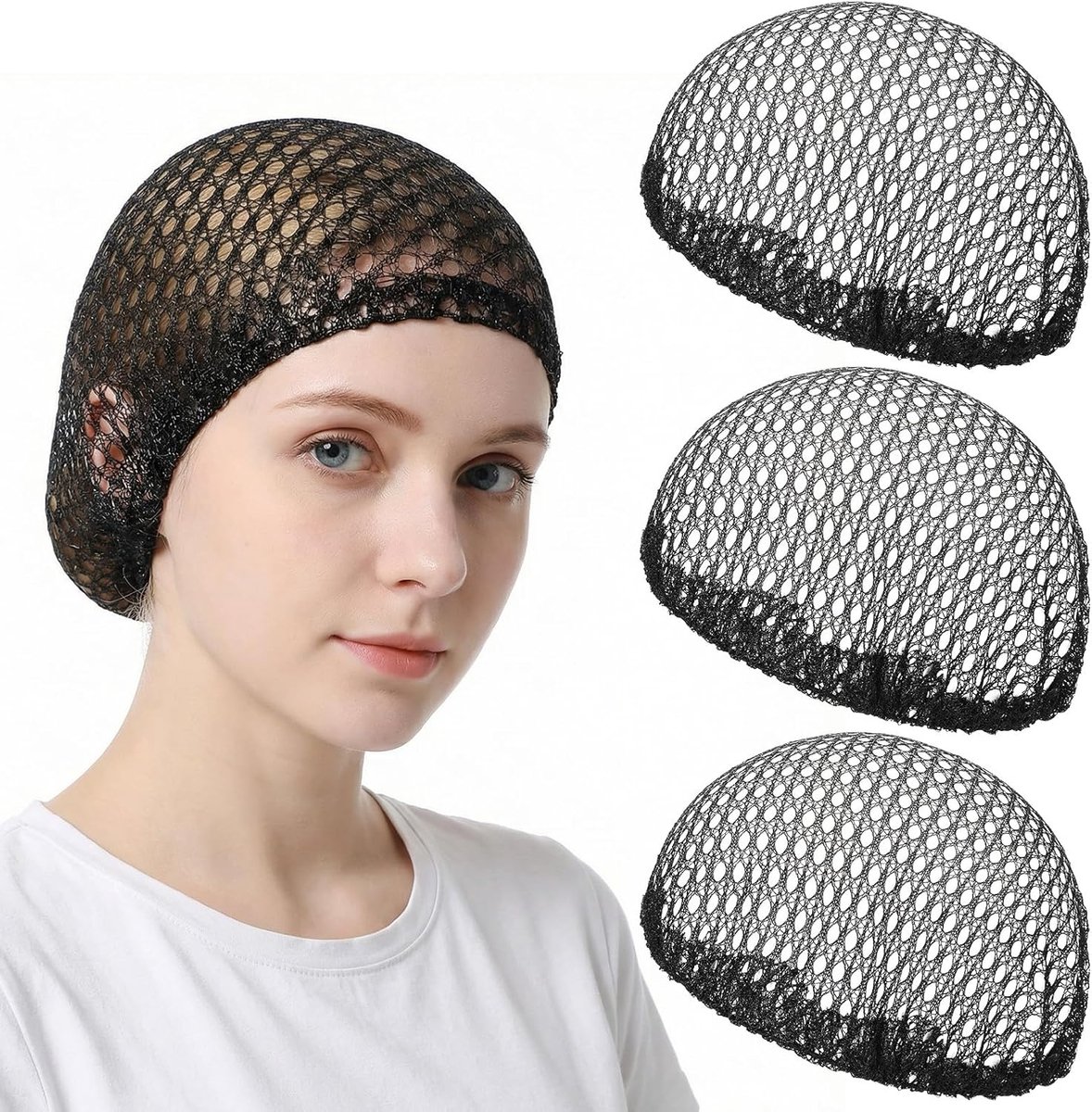 3 stuks gehaakt haarnetje, herbruikbare elastische mesh haarwikkel, gebreide snood hoed, ademende gehaakte douchemuts, gehaakte muts voor slapen, dikke lange korte pruikbescherming