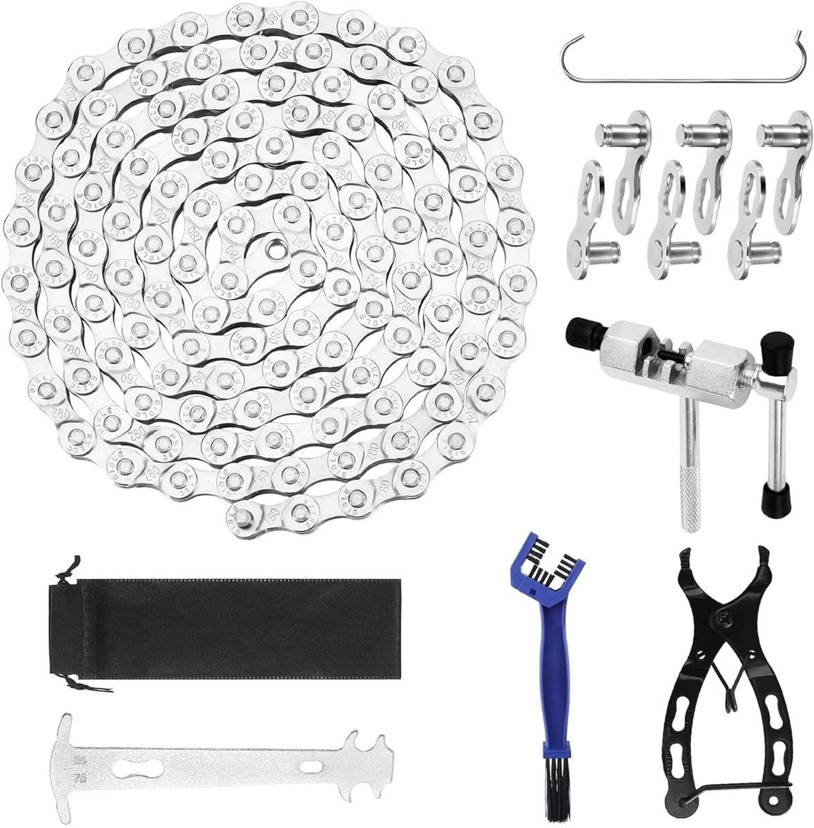 6/7/8 Fietsketting Gereedschapsset, 1/2 x 3/32 Inch116 schakels. Bevat kettingbreker, kettingtester, kettingslot, tang en borstel. Ideaal voor mountainbike en roadbike onderhoud