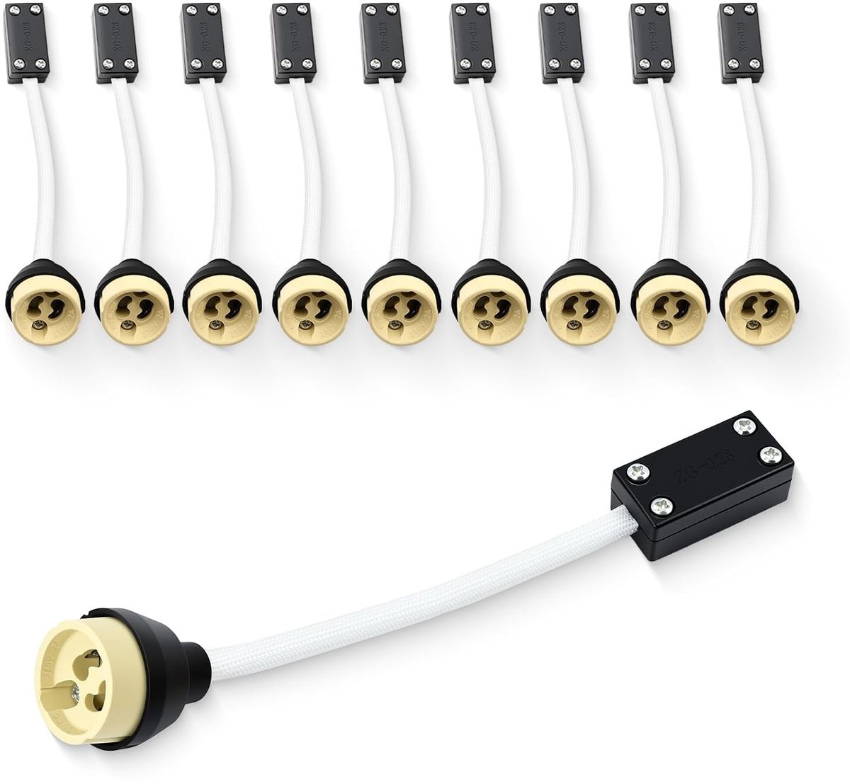 10 stuks GU10 Lampvatting voorgemonteerd met aansluitklemmen en kabeldoos – Keramische basis, 15 cm siliconenader (zuiver koper), wit isolatiebuis, 250 V, voor LED en halogeen, inbouwspots, downlights