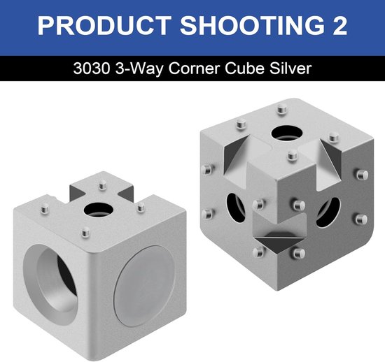 8 stuks 3030 3-weg hoekkubus 3030 extrusie hardware T-sleuf V-sleuf accessoires met schroeven en moeren voor 30x30 aluminium extrusie connector 3D-printer accessoires zilver — afbeelding 4