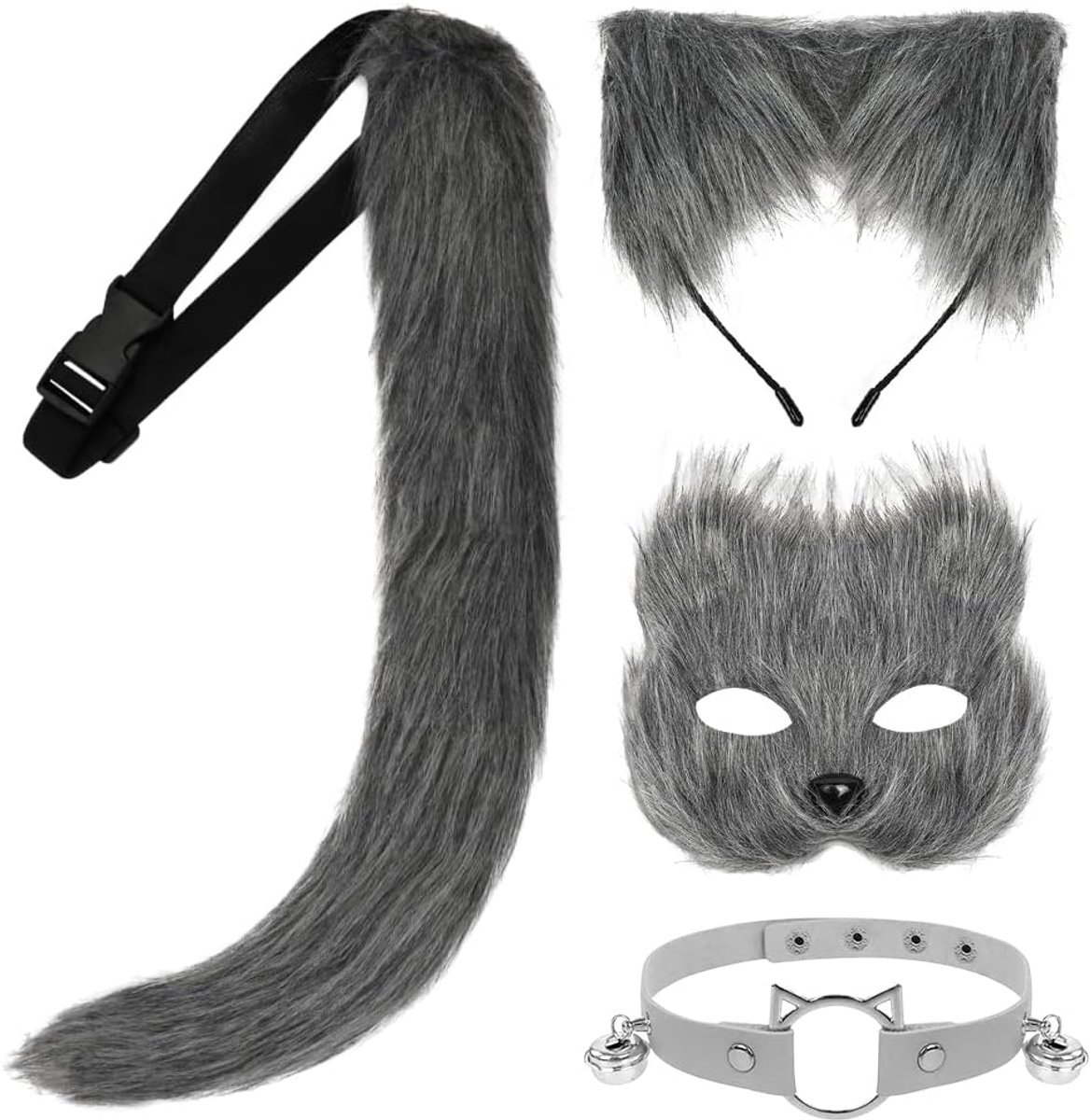 cosplay set voor volwassenen, vossenkostuum, realistisch nepbont, staart met clip voor pak, wasbare vossenstaart, zachte vossenstaart, vossenstaart, kostuum anime cosplay, 4 stuks