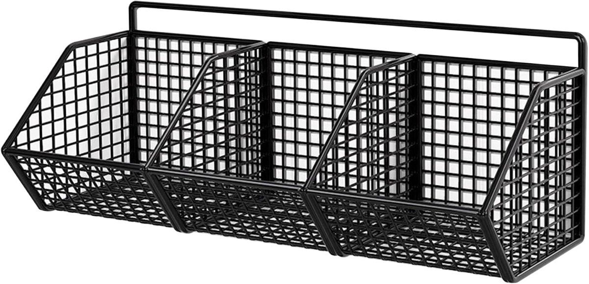 Hangende opbergmanden, draadmand, hangende draadopbergmanden 3 roosters wandgemonteerde voorraadkastplanken met haken voor keuken, badkamer, roestbestendige stevige fruitgroente organisator