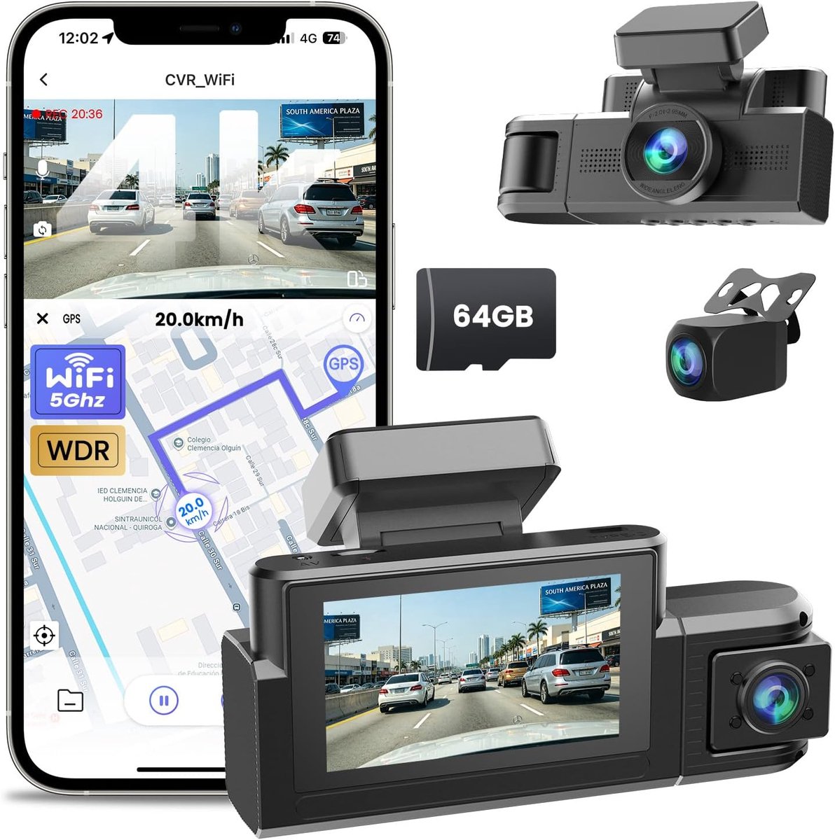 SnelShoppen - Dashcam voor auto, 4K Ultra-HD, 3 kanalen, binnencamera, achtercamera, GPS, wifi 5GHz, nachtzicht, WDR, groothoek 170°, G-sensor, 24 uur